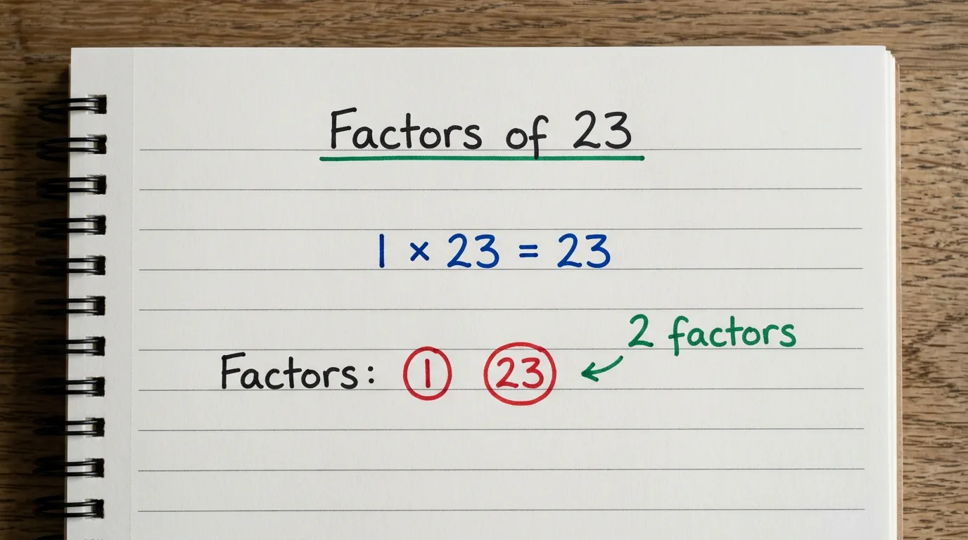 Handwritten notebook page titled Factors of 23 showing 1 × 23 = 23, with the two factors 1 and 23 circled in red and the note 2 factors