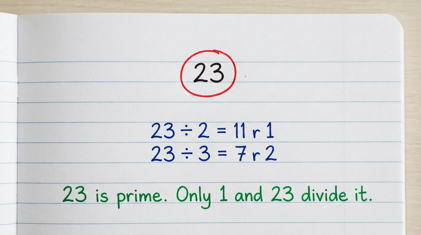 Handwritten page with 23 circled in red, then 23 ÷ 2 = 11 remainder 1 and 23 ÷ 3 = 7 remainder 2 in blue, and the green note 23 is prime, only 1 and 23 divide it