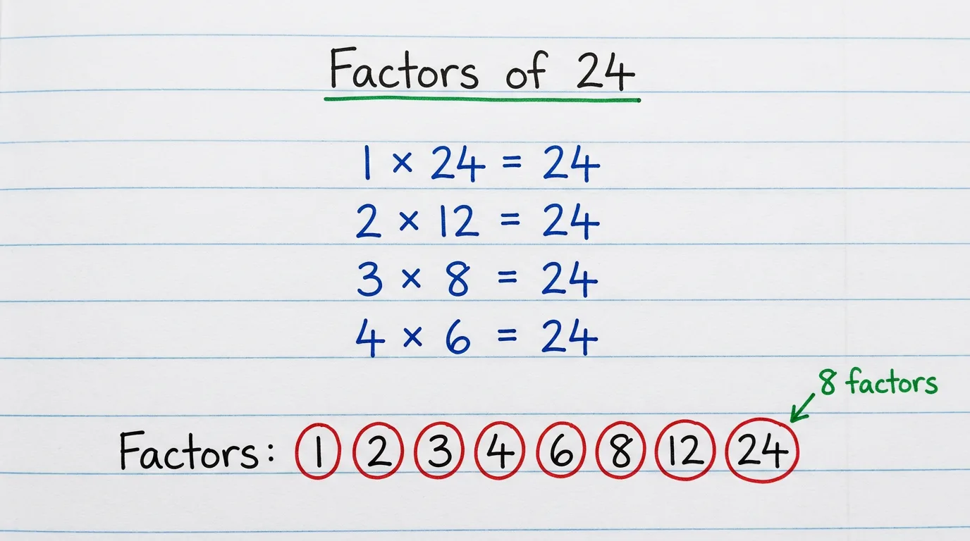 Handwritten notebook page titled Factors of 24 showing 1 × 24, 2 × 12, 3 × 8 and 4 × 6 all equal to 24, with the eight factors 1, 2, 3, 4, 6, 8, 12 and 24 circled in red and the note 8 factors