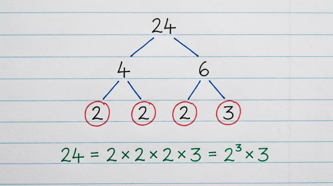 Handwritten factor tree of 24 splitting into 4 and 6, then 4 into 2 and 2 and 6 into 2 and 3, with the primes circled in red and 24 = 2 × 2 × 2 × 3 = 2³ × 3 written below