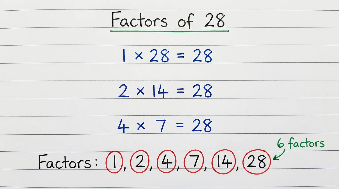 Handwritten notebook page titled Factors of 28 showing 1 × 28, 2 × 14, 4 × 7 all equal to 28, with the six factors 1, 2, 4, 7, 14 and 28 circled in red and the note 6 factors