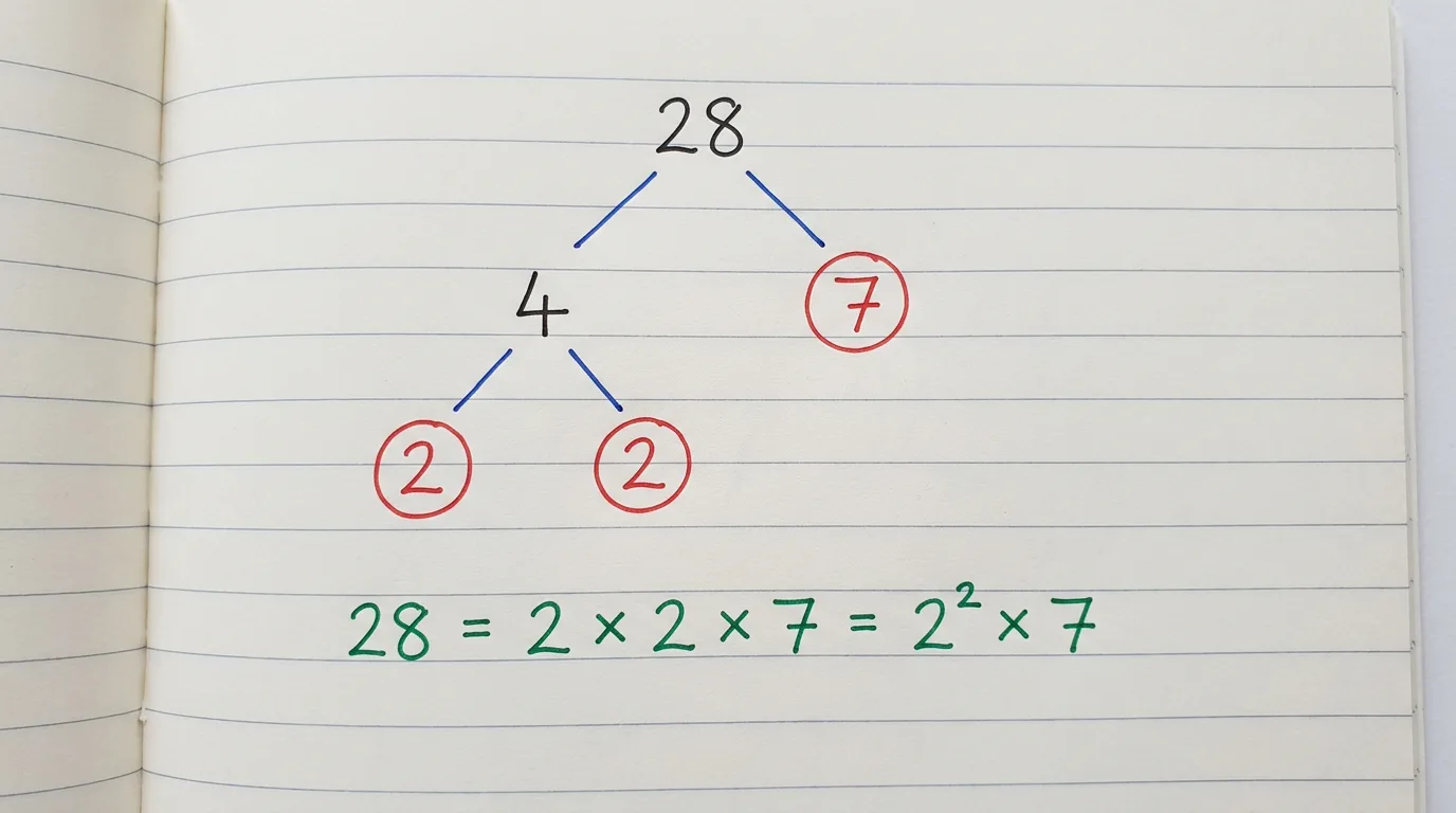 Handwritten factor tree of 28 splitting down to the circled primes 2, 2 and 7, with 28 = 2 × 2 × 7 = 2² × 7 written below