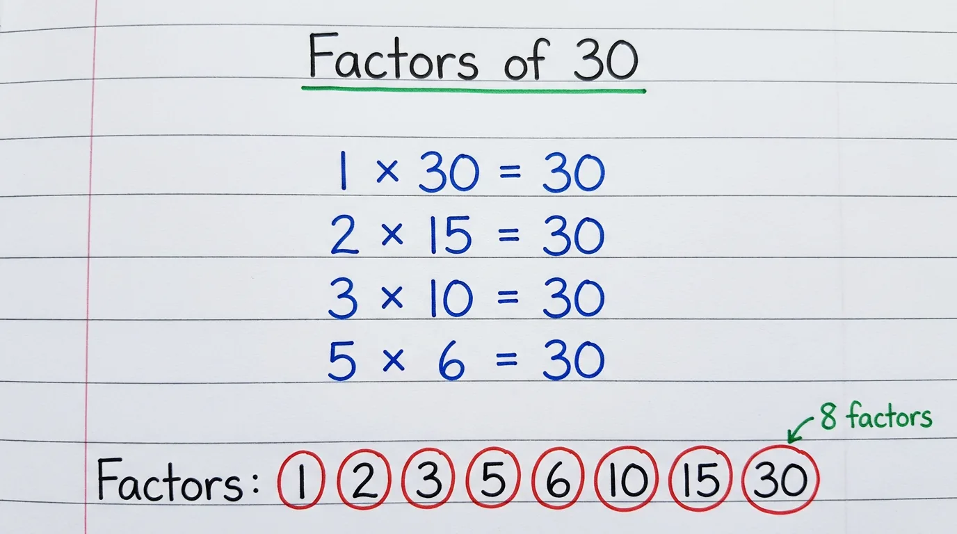 Handwritten notebook page titled Factors of 30 showing 1 × 30, 2 × 15, 3 × 10, 5 × 6 all equal to 30, with the eight factors 1, 2, 3, 5, 6, 10, 15 and 30 circled in red and the note 8 factors
