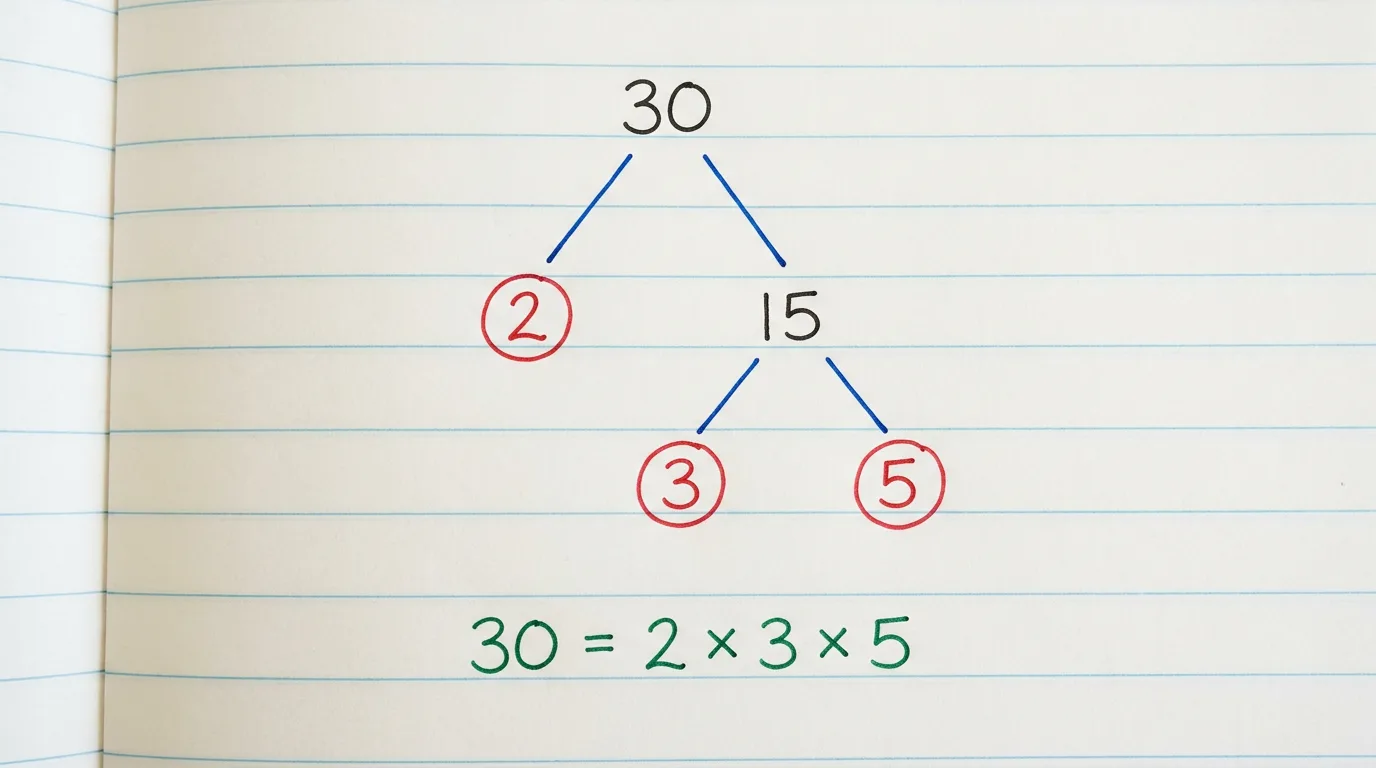 Handwritten factor tree of 30 splitting down to the circled primes 2, 3 and 5, with 30 = 2 × 3 × 5 written below
