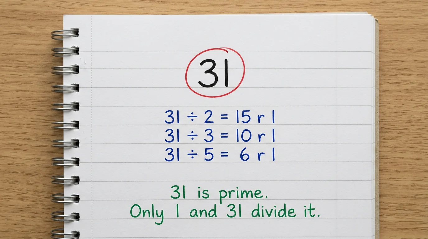 Handwritten page with 31 circled in red, then 31 ÷ 2 = 15 remainder 1, 31 ÷ 3 = 10 remainder 1 and 31 ÷ 5 = 6 remainder 1 in blue, and the green note 31 is prime, only 1 and 31 divide it