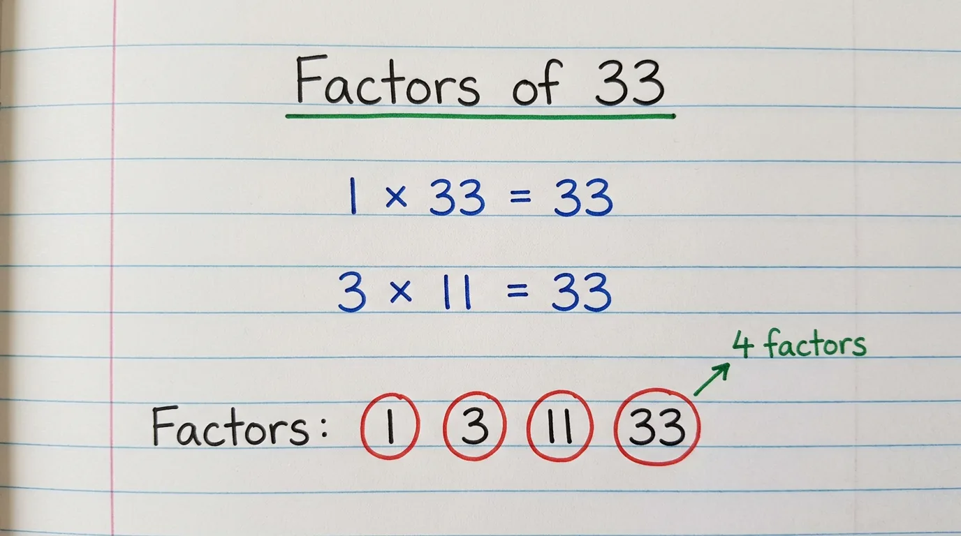 Handwritten notebook page titled Factors of 33 showing 1 × 33, 3 × 11 all equal to 33, with the four factors 1, 3, 11 and 33 circled in red and the note 4 factors