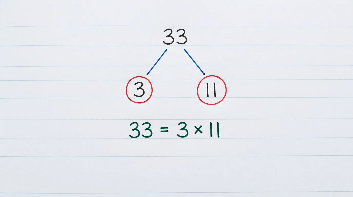 Handwritten factor tree of 33 splitting down to the circled primes 3 and 11, with 33 = 3 × 11 written below