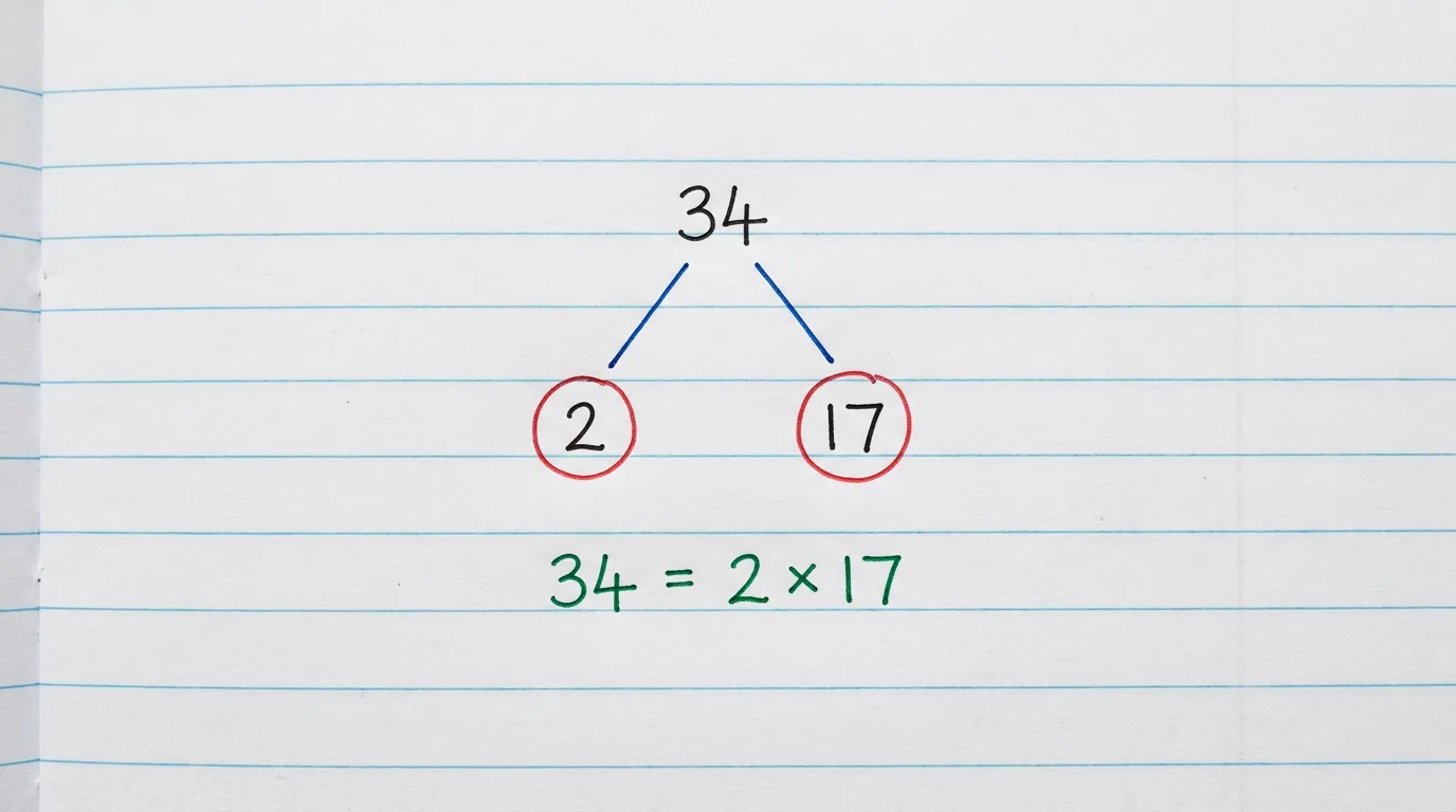 Handwritten factor tree of 34 splitting down to the circled primes 2 and 17, with 34 = 2 × 17 written below