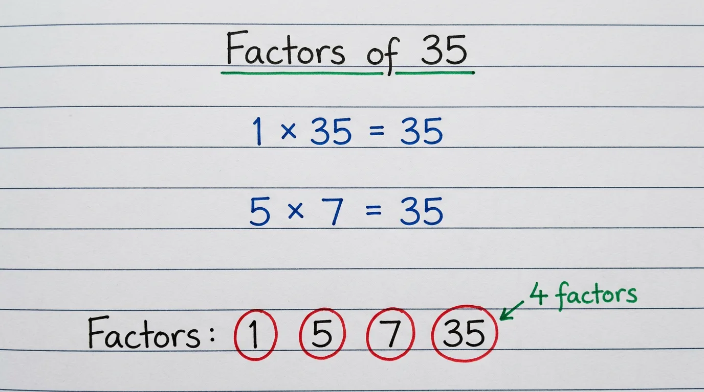 Handwritten notebook page titled Factors of 35 showing 1 × 35, 5 × 7 all equal to 35, with the four factors 1, 5, 7 and 35 circled in red and the note 4 factors
