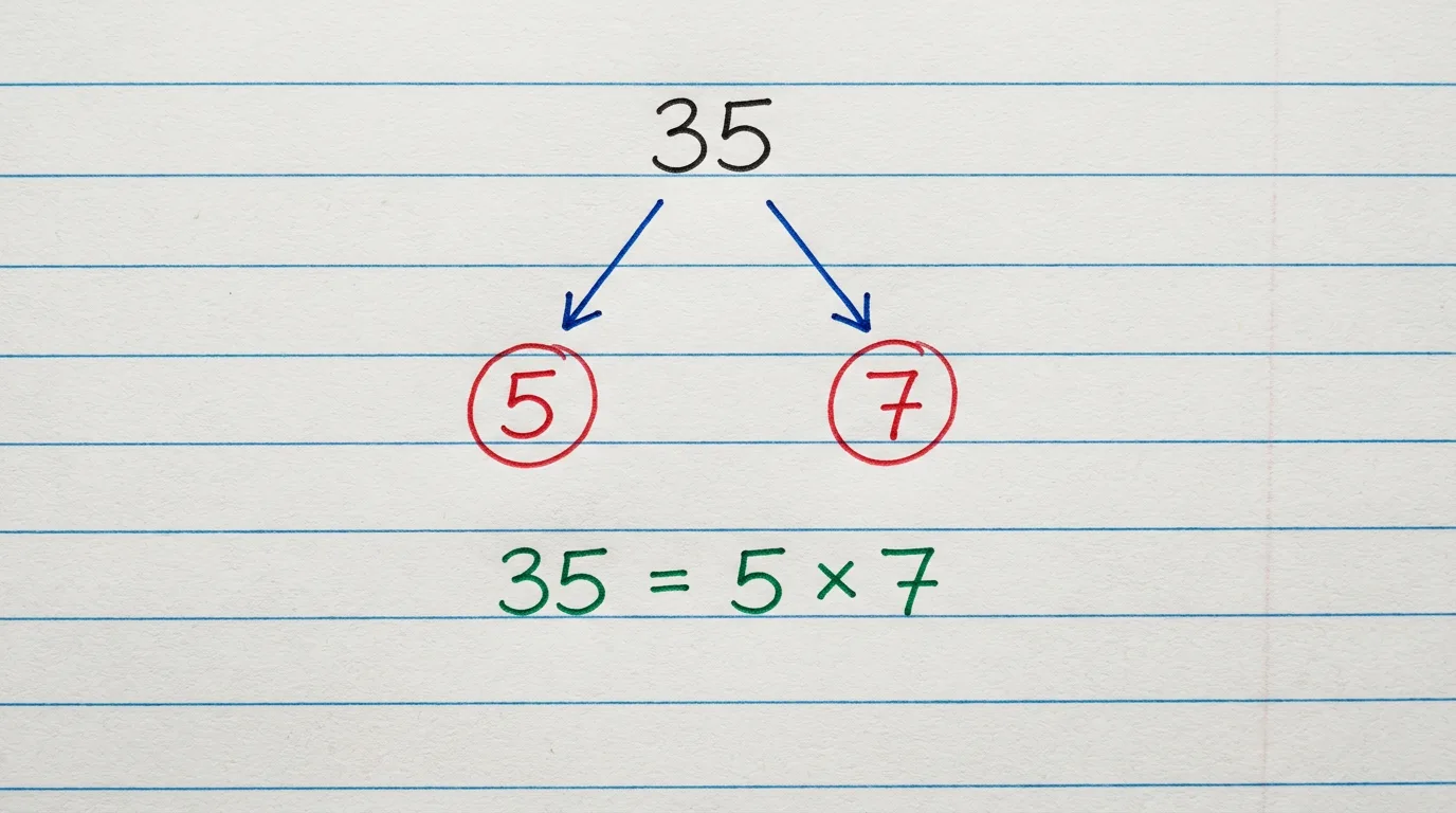 Handwritten factor tree of 35 splitting down to the circled primes 5 and 7, with 35 = 5 × 7 written below