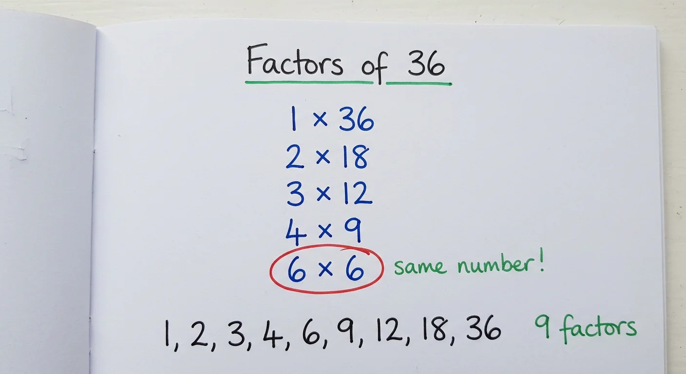 Handwritten notebook page titled Factors of 36 listing 1 × 36, 2 × 18, 3 × 12, 4 × 9 and 6 × 6 circled with the note same number, then the factors 1, 2, 3, 4, 6, 9, 12, 18, 36 and the note 9 factors