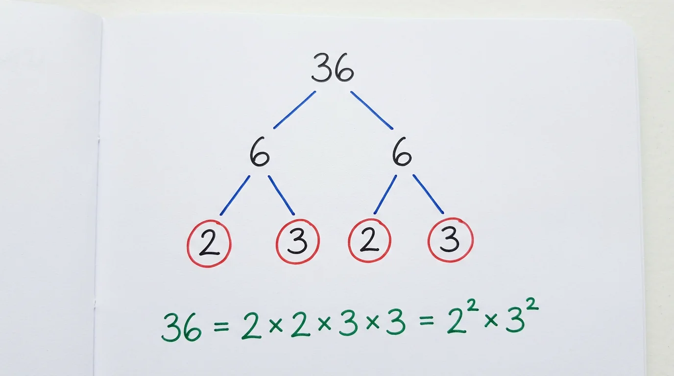Handwritten factor tree of 36 splitting into 6 and 6, each splitting into 2 and 3, with the primes circled in red and 36 = 2 × 2 × 3 × 3 = 2² × 3² written below