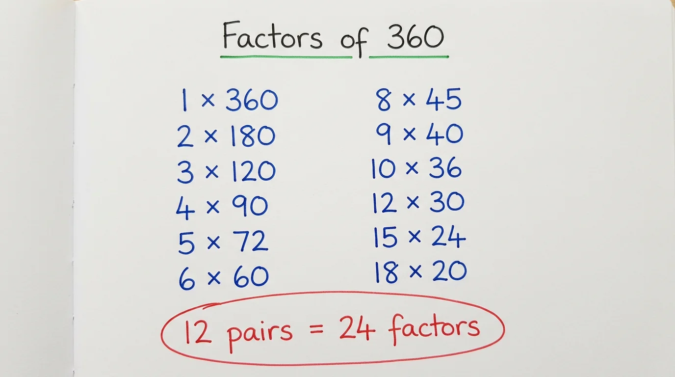 Handwritten notebook page titled Factors of 360 listing twelve pairs from 1 × 360 to 18 × 20 in two columns, with 12 pairs = 24 factors circled in red at the bottom