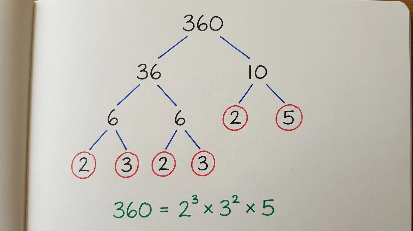 Handwritten factor tree of 360 splitting into 36 and 10, 36 into 6 and 6, each 6 into 2 and 3, and 10 into 2 and 5, with the primes circled in red and 360 = 2³ × 3² × 5 written below