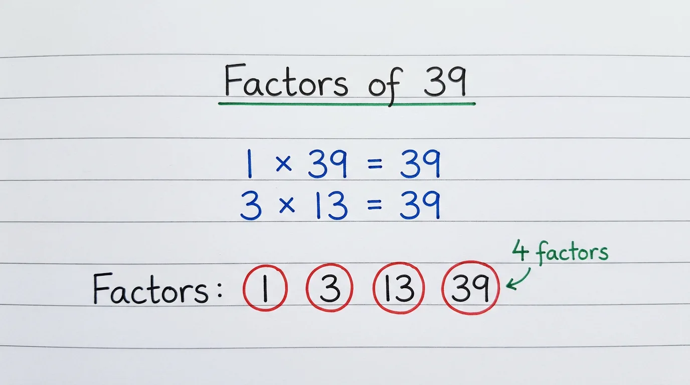 Handwritten notebook page titled Factors of 39 showing 1 × 39, 3 × 13 all equal to 39, with the four factors 1, 3, 13 and 39 circled in red and the note 4 factors