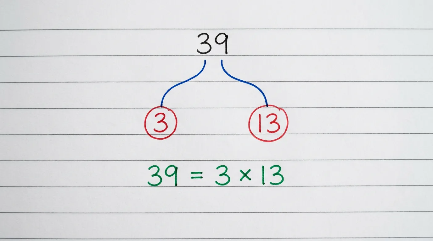 Handwritten factor tree of 39 splitting down to the circled primes 3 and 13, with 39 = 3 × 13 written below