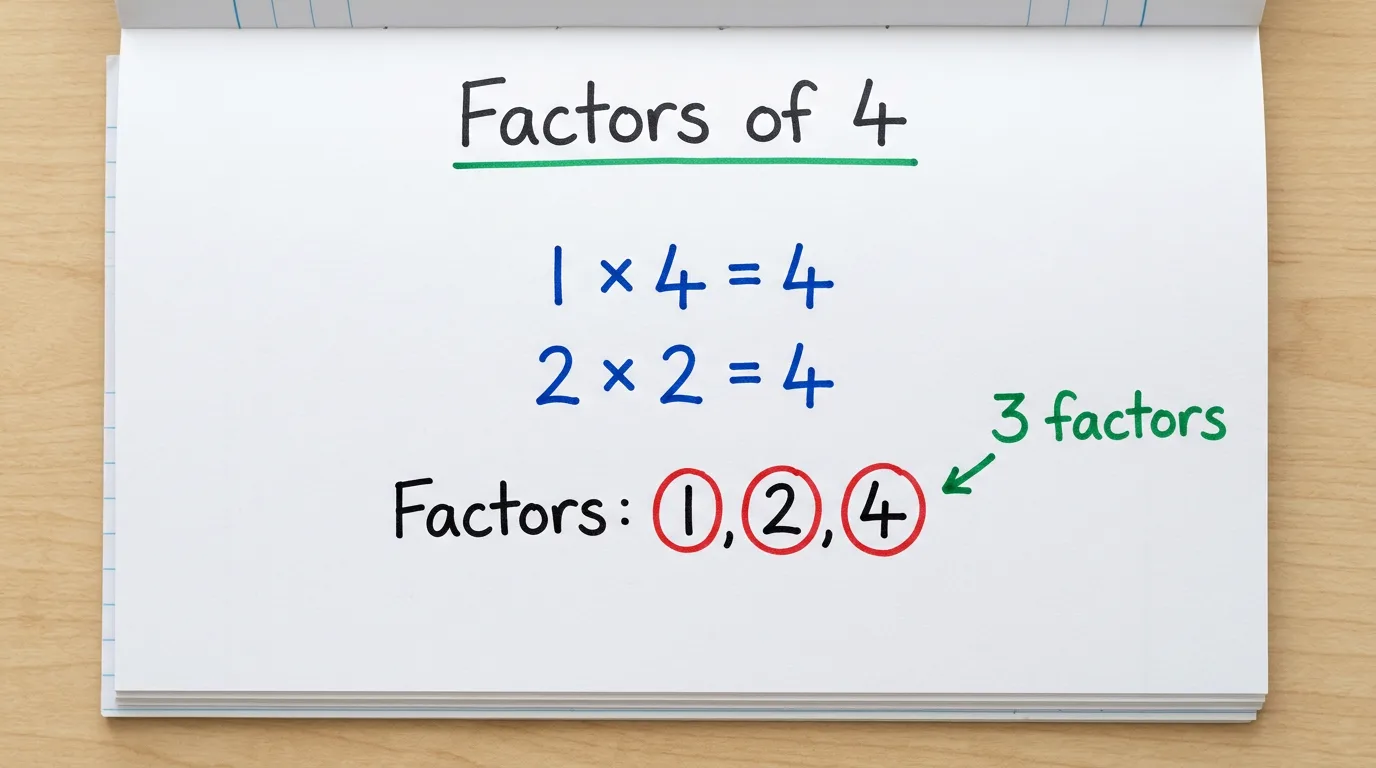 Handwritten notebook page titled Factors of 4 showing 1 × 4 = 4 and 2 × 2 = 4, with the factors 1, 2 and 4 circled in red and the note 3 factors