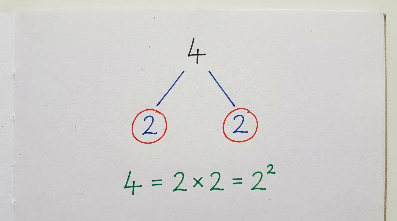 Handwritten factor tree of 4 splitting into two red-circled 2s, with 4 = 2 × 2 = 2² written below in green
