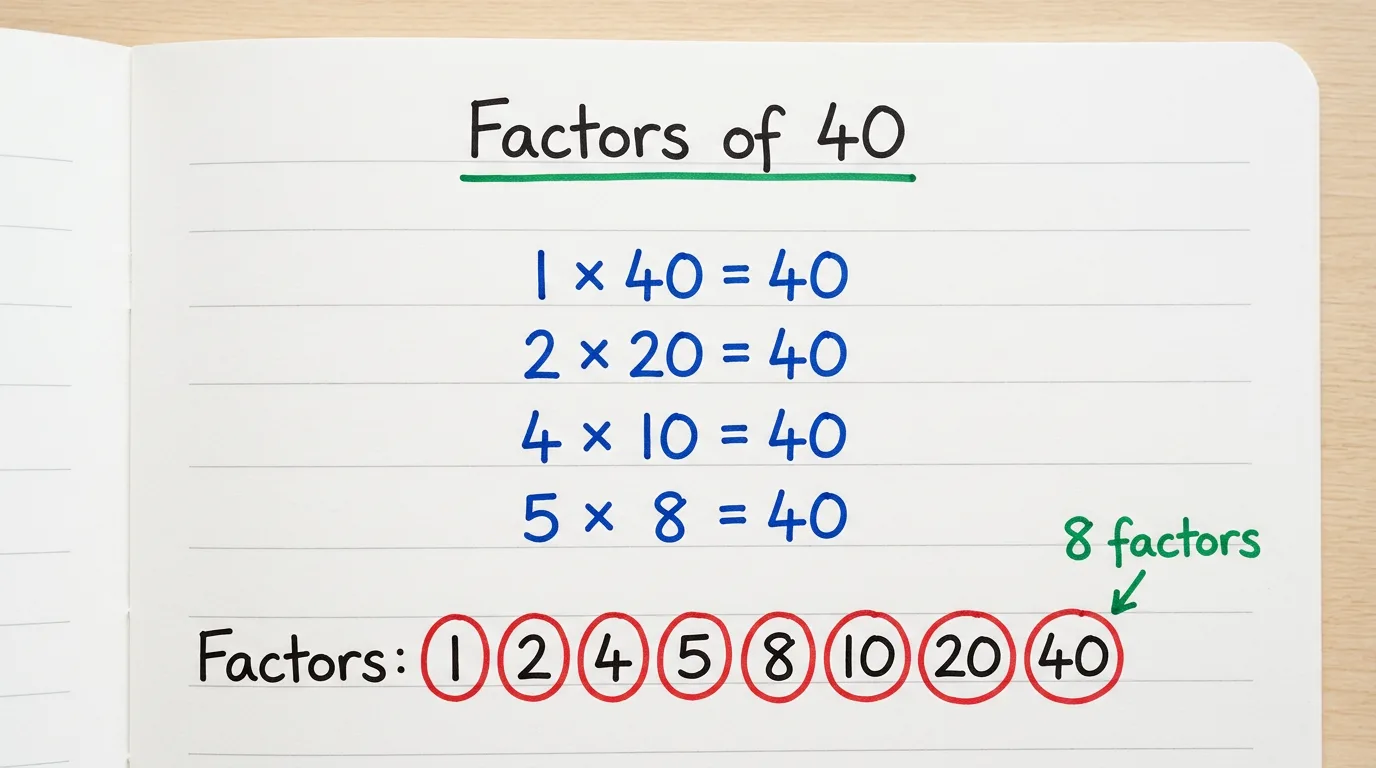 Handwritten notebook page titled Factors of 40 showing 1 × 40, 2 × 20, 4 × 10 and 5 × 8 all equal to 40, with the eight factors circled in red and the note 8 factors