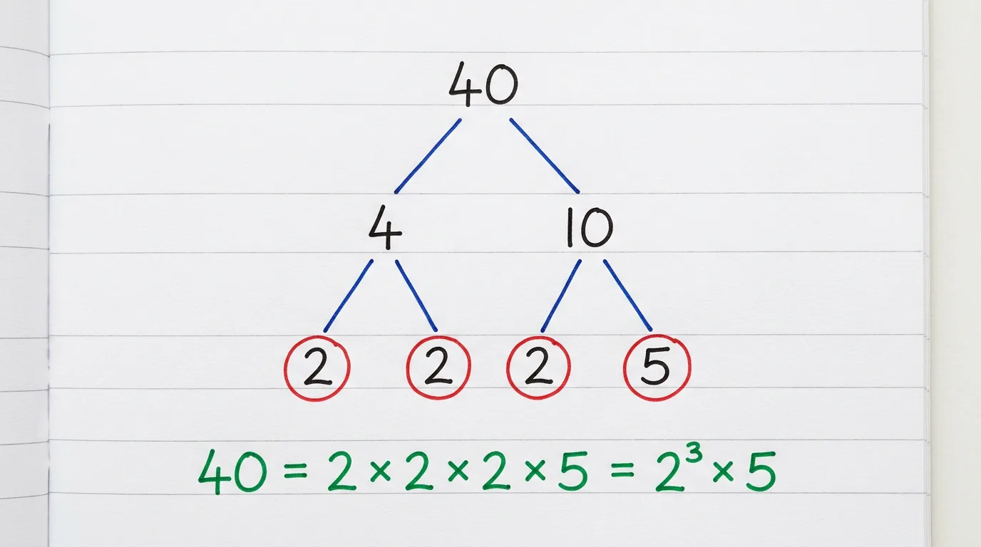 Handwritten factor tree of 40 splitting into 4 and 10, then 4 into 2 and 2 and 10 into 2 and 5, with the primes circled in red and 40 = 2 × 2 × 2 × 5 = 2³ × 5 written below