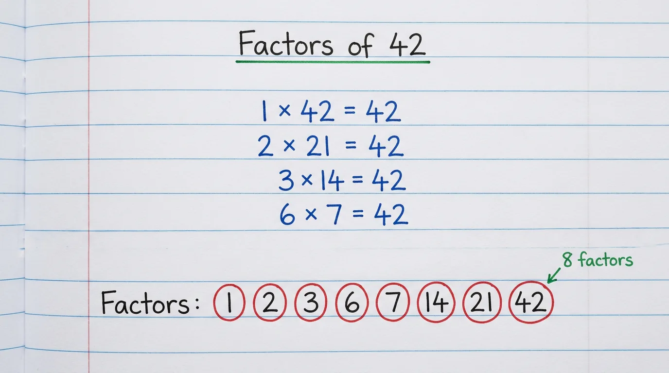 Handwritten notebook page titled Factors of 42 showing 1 × 42, 2 × 21, 3 × 14 and 6 × 7 all equal to 42, with the eight factors 1, 2, 3, 6, 7, 14, 21 and 42 circled in red and the note 8 factors