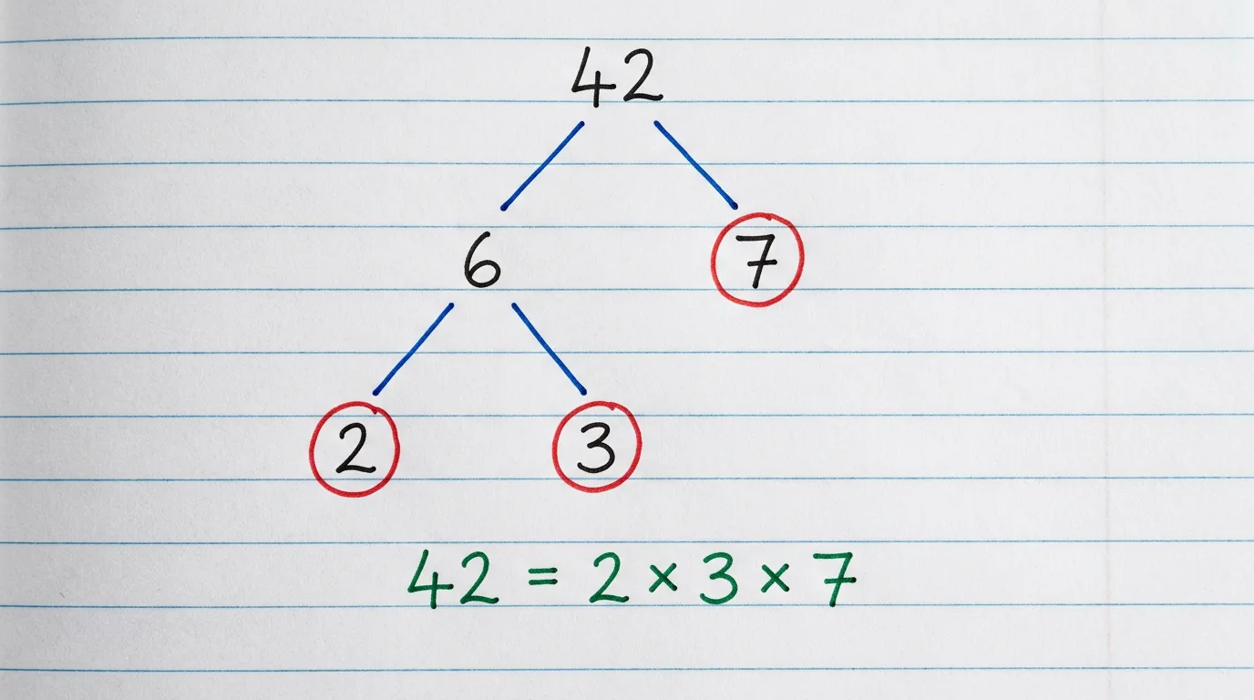 Handwritten factor tree of 42 splitting into 6 and 7, then 6 into 2 and 3, with the primes 2, 3 and 7 circled in red and 42 = 2 × 3 × 7 written below