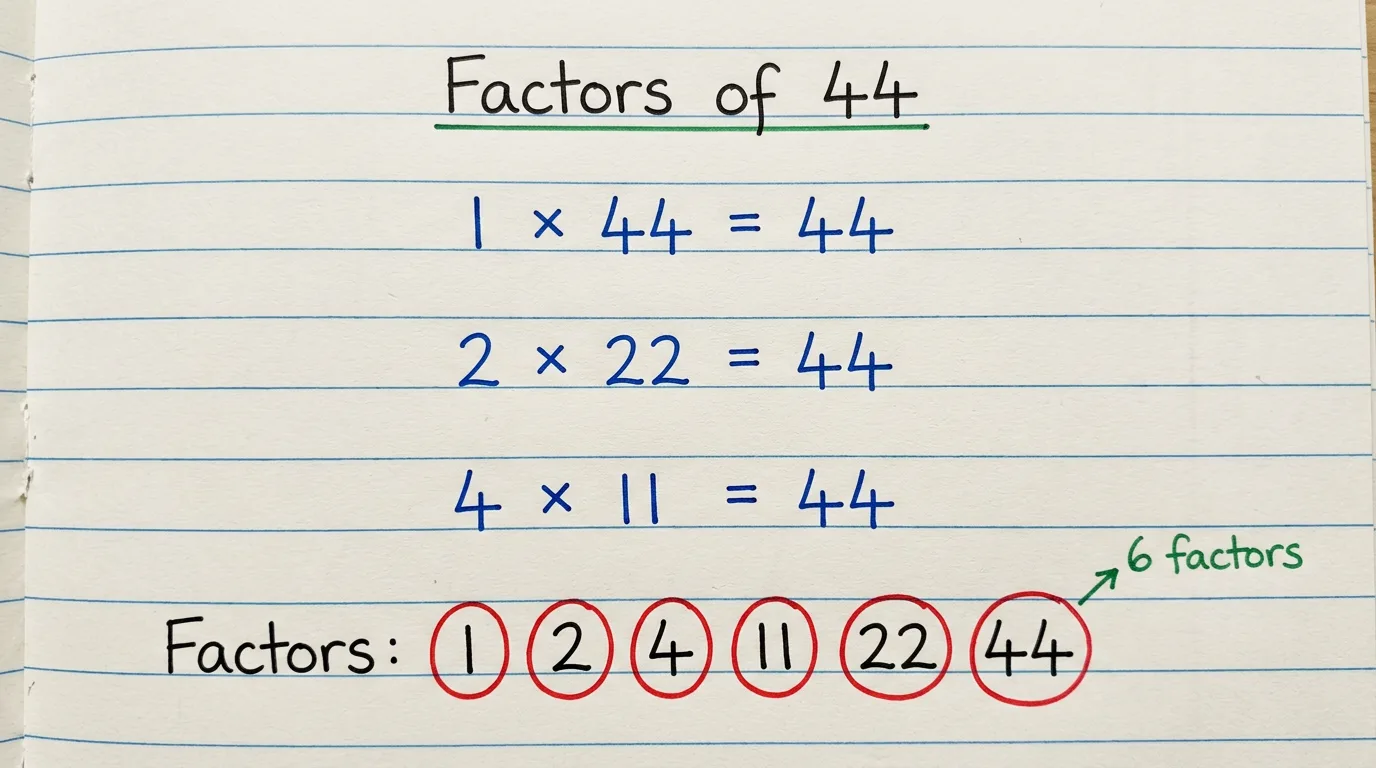 Handwritten notebook page titled Factors of 44 showing 1 × 44, 2 × 22, 4 × 11 all equal to 44, with the six factors 1, 2, 4, 11, 22 and 44 circled in red and the note 6 factors