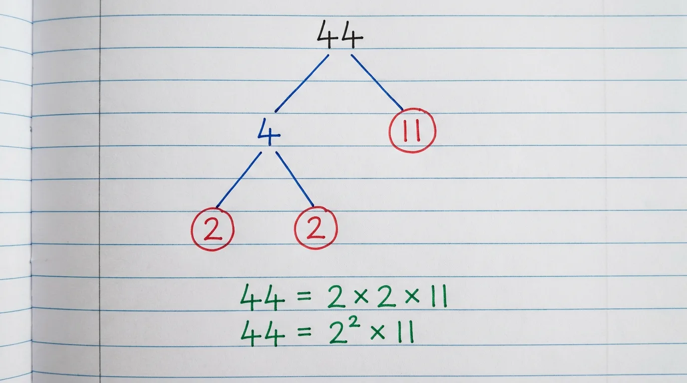Handwritten factor tree of 44 splitting down to the circled primes 2, 2 and 11, with 44 = 2 × 2 × 11 = 2² × 11 written below