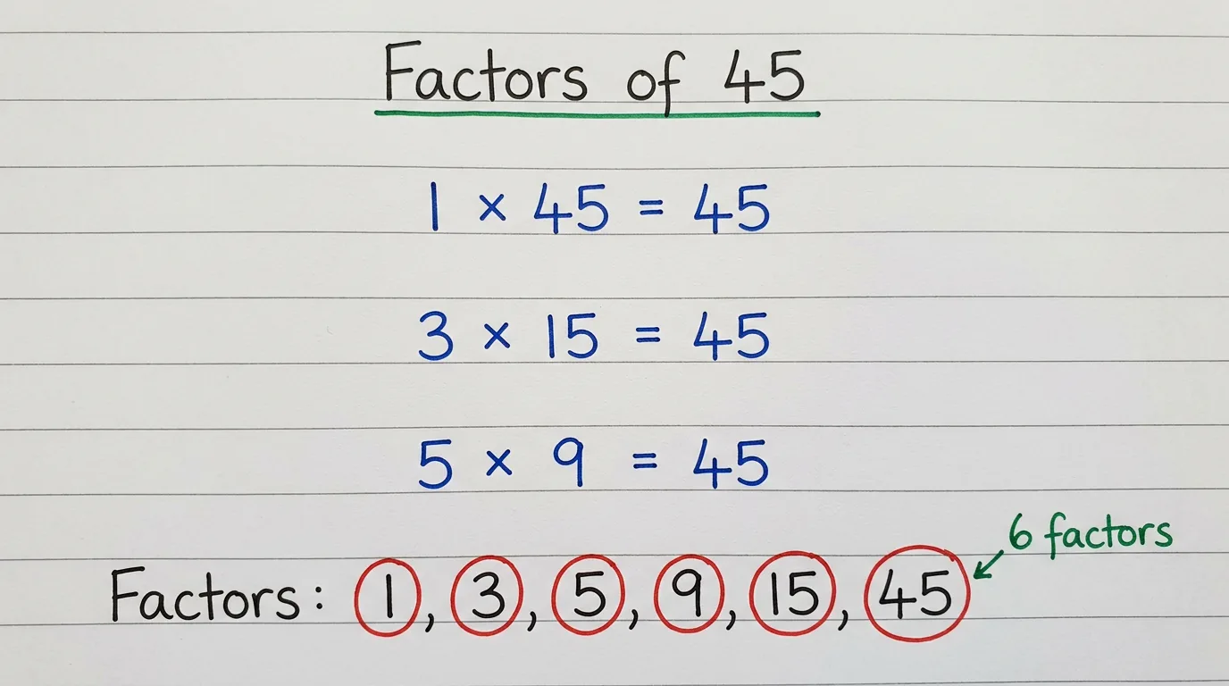 Handwritten notebook page titled Factors of 45 showing 1 × 45, 3 × 15, 5 × 9 all equal to 45, with the six factors 1, 3, 5, 9, 15 and 45 circled in red and the note 6 factors