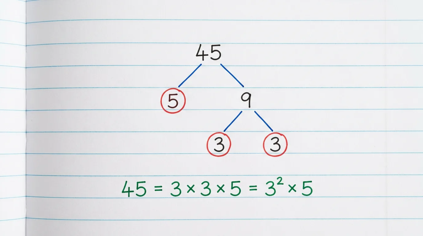Handwritten factor tree of 45 splitting down to the circled primes 3, 3 and 5, with 45 = 3 × 3 × 5 = 3² × 5 written below