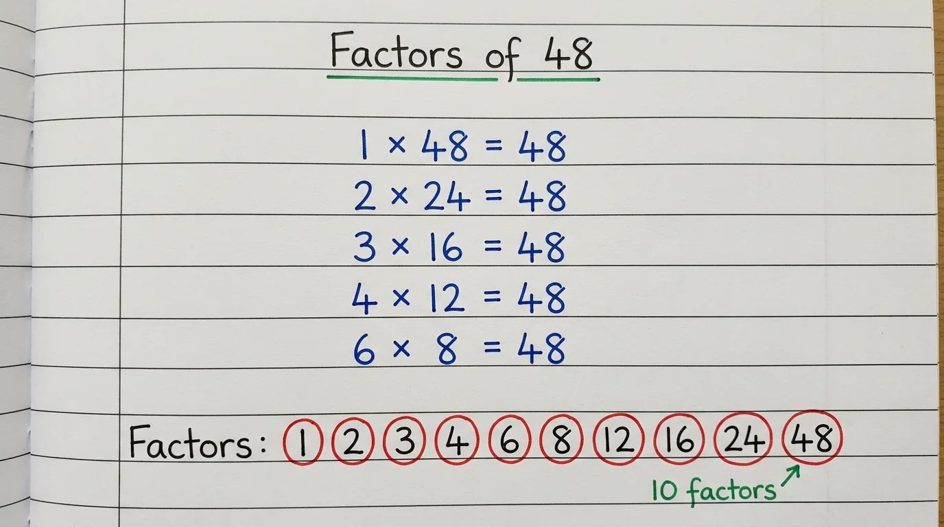 Handwritten notebook page titled Factors of 48 showing 1 × 48, 2 × 24, 3 × 16, 4 × 12 and 6 × 8 all equal to 48, with the ten factors 1, 2, 3, 4, 6, 8, 12, 16, 24 and 48 circled in red and the note 10 factors