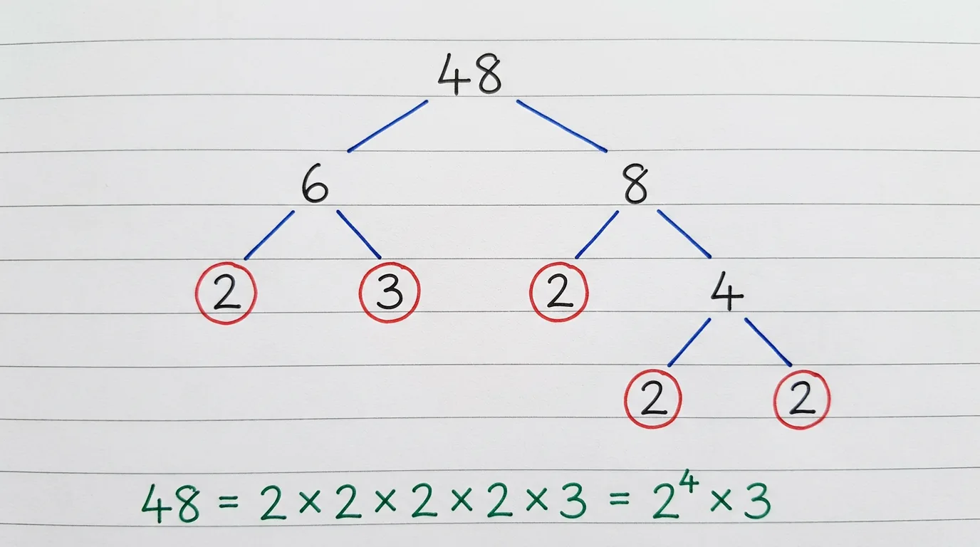 Handwritten factor tree of 48 splitting into 6 and 8, then 6 into 2 and 3, and 8 into 2 and 4, and 4 into 2 and 2, with the primes circled in red and 48 = 2 × 2 × 2 × 2 × 3 = 2⁴ × 3 written below