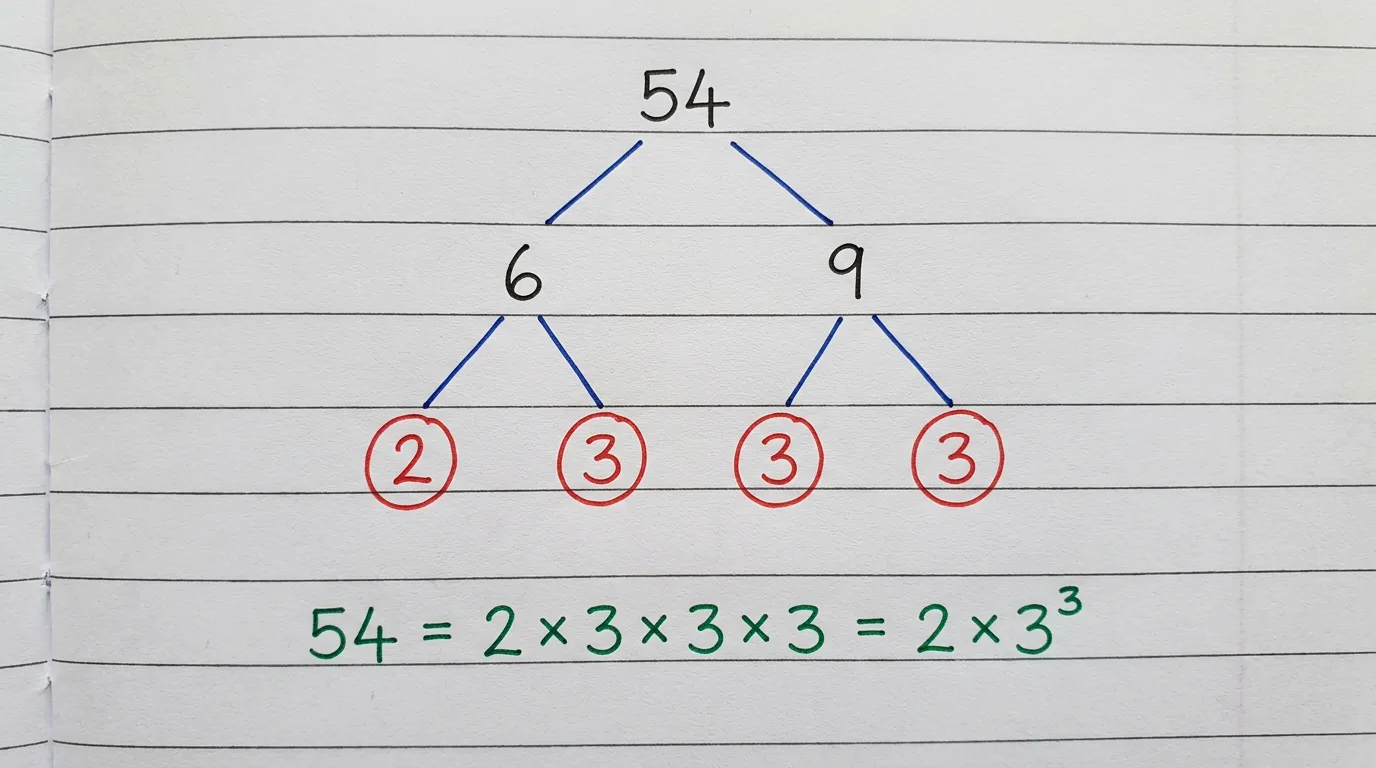 Handwritten factor tree of 54 splitting down to the circled primes 2, 3, 3 and 3, with 54 = 2 × 3 × 3 × 3 = 2 × 3³ written below