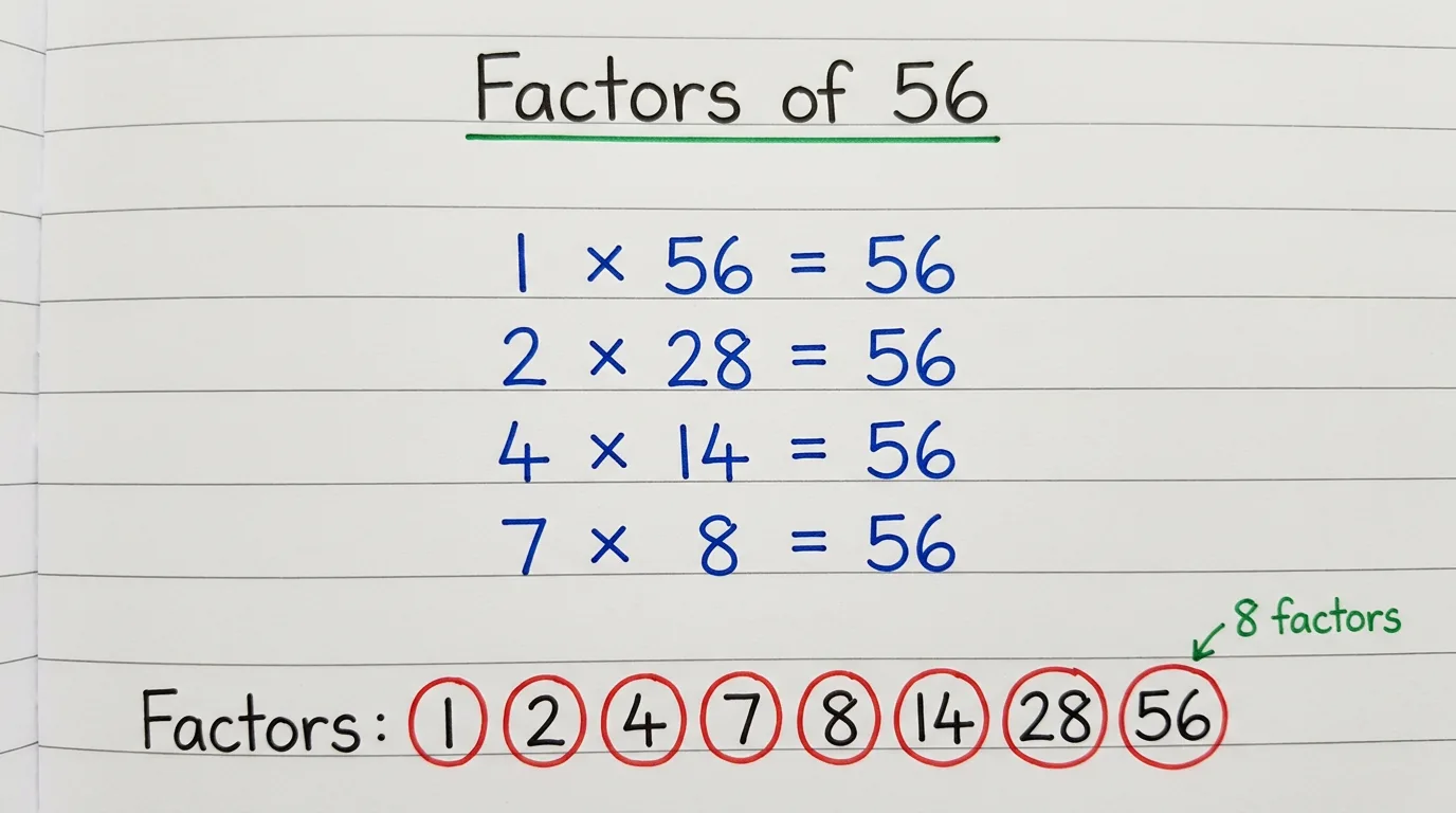 Handwritten notebook page titled Factors of 56 showing 1 × 56, 2 × 28, 4 × 14, 7 × 8 all equal to 56, with the eight factors 1, 2, 4, 7, 8, 14, 28 and 56 circled in red and the note 8 factors