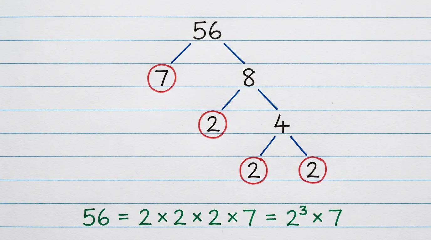 Handwritten factor tree of 56 splitting down to the circled primes 2, 2, 2 and 7, with 56 = 2 × 2 × 2 × 7 = 2³ × 7 written below