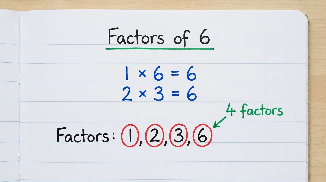 Handwritten notebook page titled Factors of 6 showing 1 × 6 = 6 and 2 × 3 = 6, with the four factors 1, 2, 3 and 6 circled in red and the note 4 factors