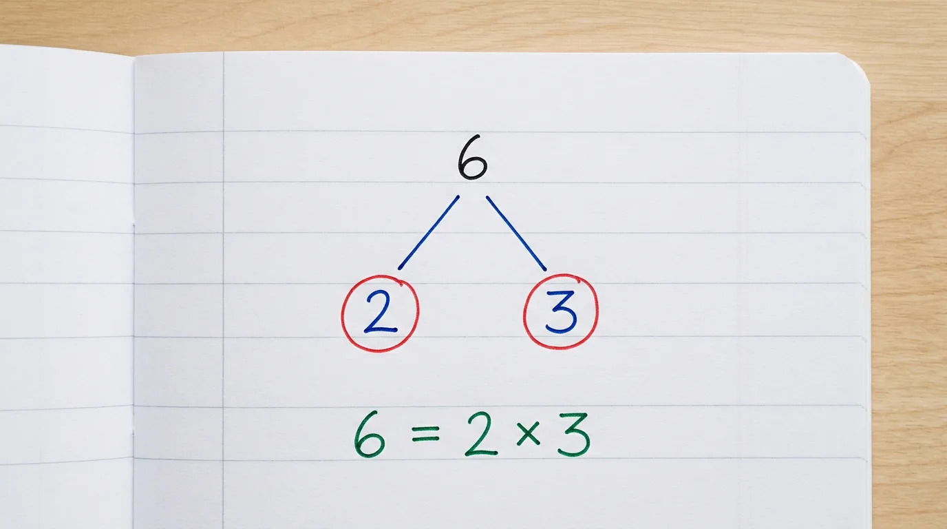 Handwritten factor tree of 6 splitting into red-circled 2 and 3, with 6 = 2 × 3 written below in green