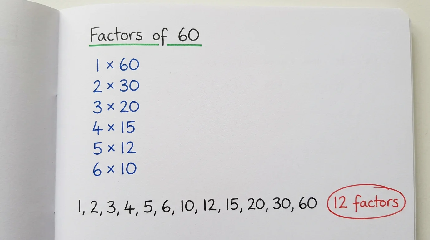 Handwritten notebook page titled Factors of 60 listing the pairs 1 × 60, 2 × 30, 3 × 20, 4 × 15, 5 × 12 and 6 × 10, with all twelve factors written in a row and 12 factors circled in red