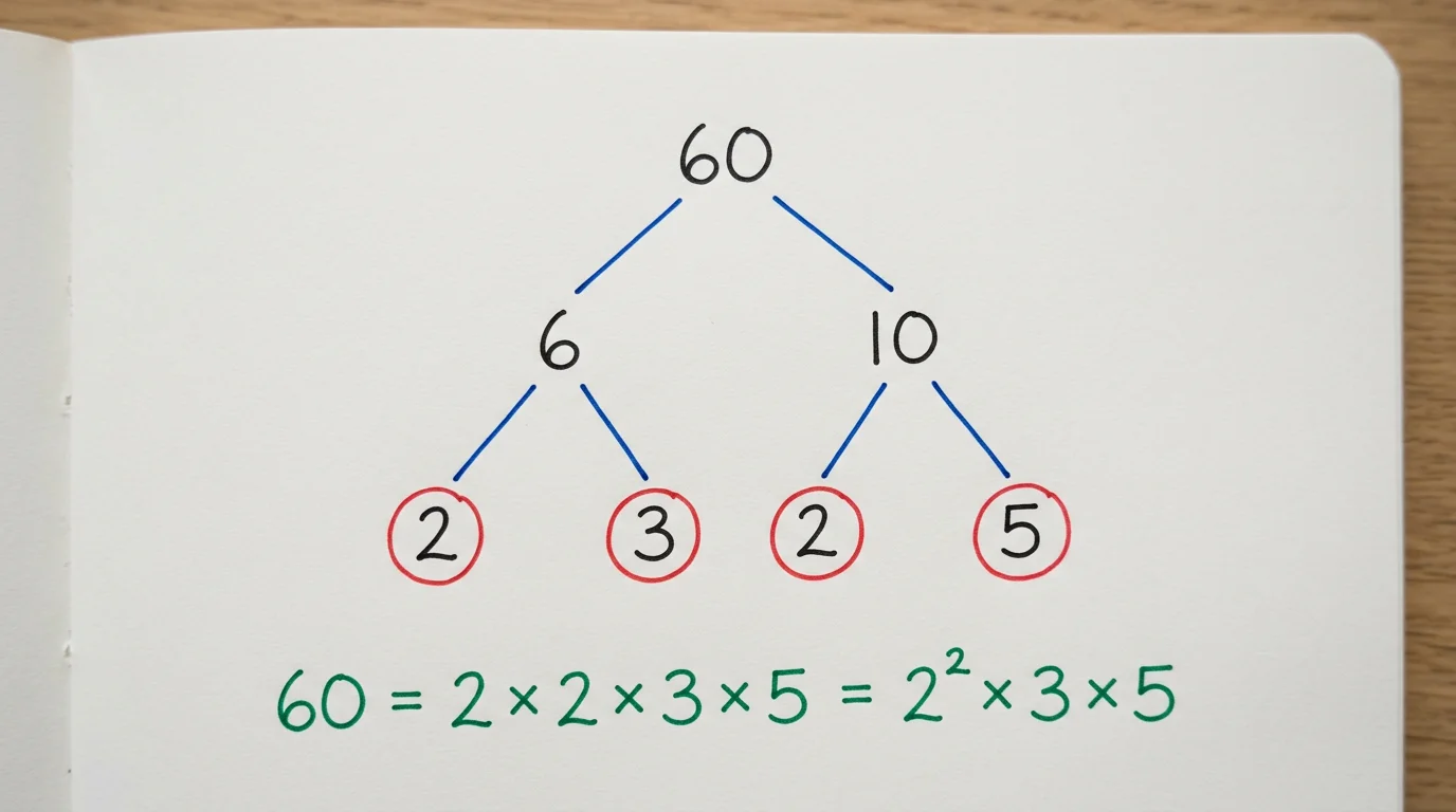 Handwritten factor tree of 60 splitting into 6 and 10, then 6 into 2 and 3 and 10 into 2 and 5, with the primes circled in red and 60 = 2 × 2 × 3 × 5 = 2² × 3 × 5 written below