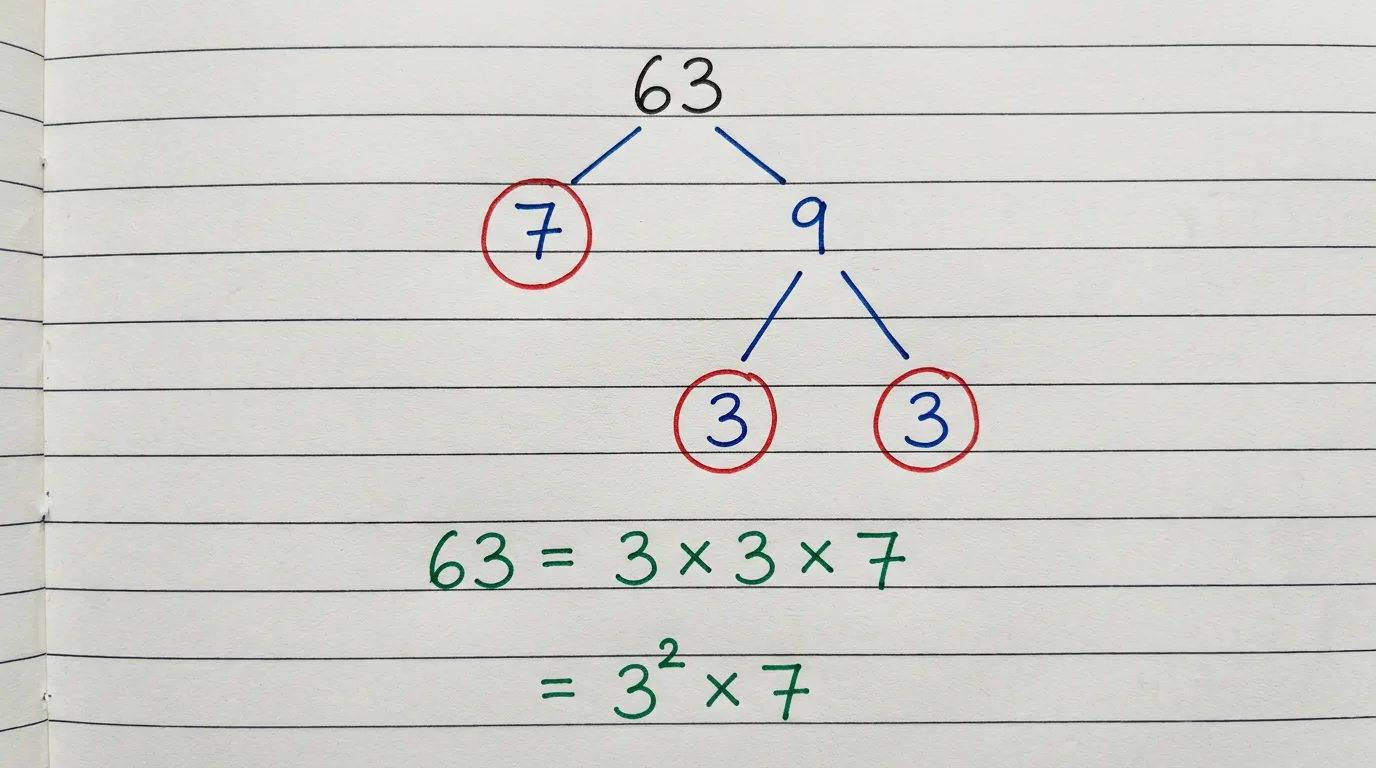 Handwritten factor tree of 63 splitting down to the circled primes 3, 3 and 7, with 63 = 3 × 3 × 7 = 3² × 7 written below
