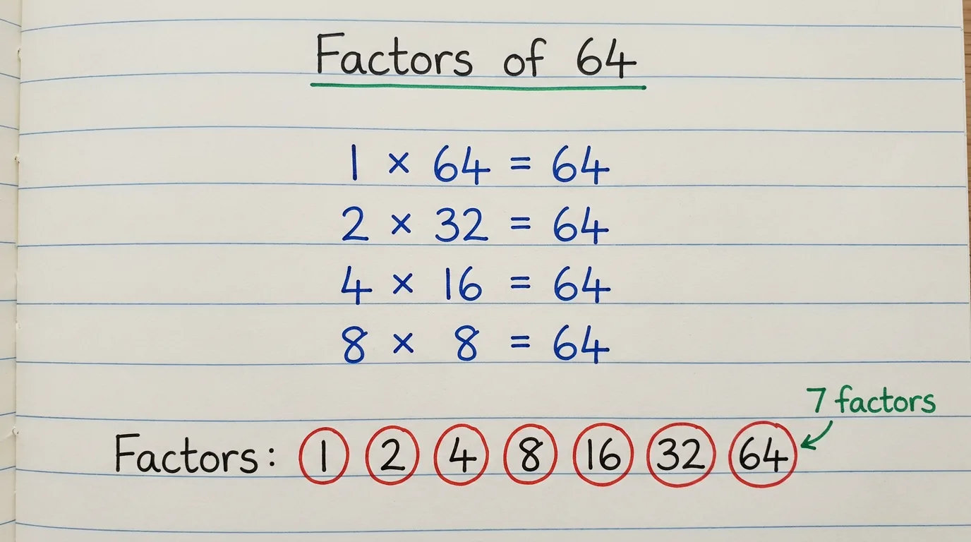 Handwritten notebook page titled Factors of 64 showing 1 × 64, 2 × 32, 4 × 16, 8 × 8 all equal to 64, with the seven factors 1, 2, 4, 8, 16, 32 and 64 circled in red and the note 7 factors