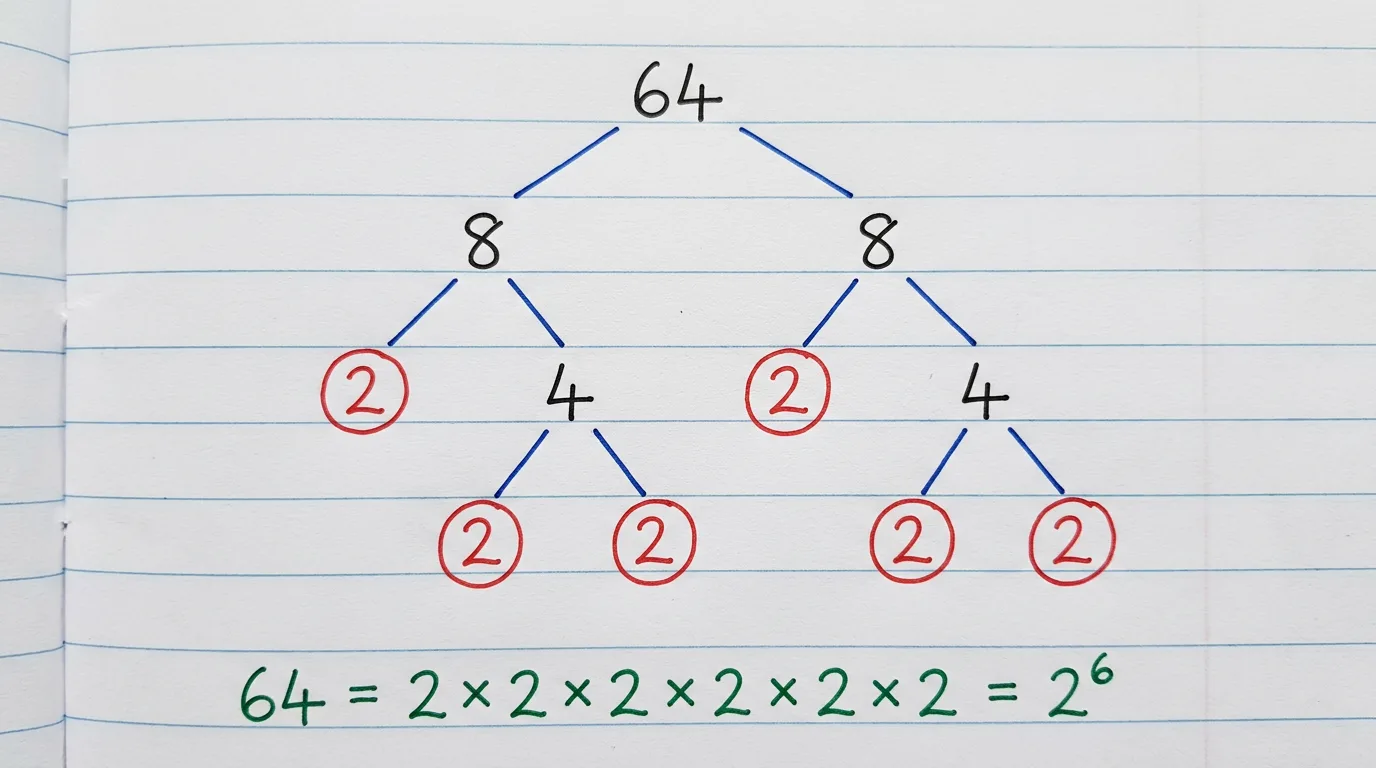 Handwritten factor tree of 64 splitting down to the circled primes 2, 2, 2, 2, 2 and 2, with 64 = 2 × 2 × 2 × 2 × 2 × 2 = 2⁶ written below