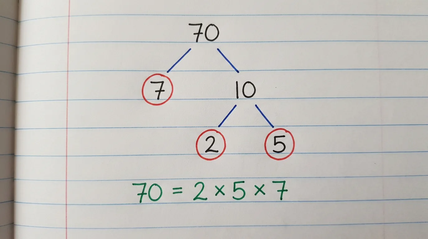 Handwritten factor tree of 70 splitting down to the circled primes 2, 5 and 7, with 70 = 2 × 5 × 7 written below