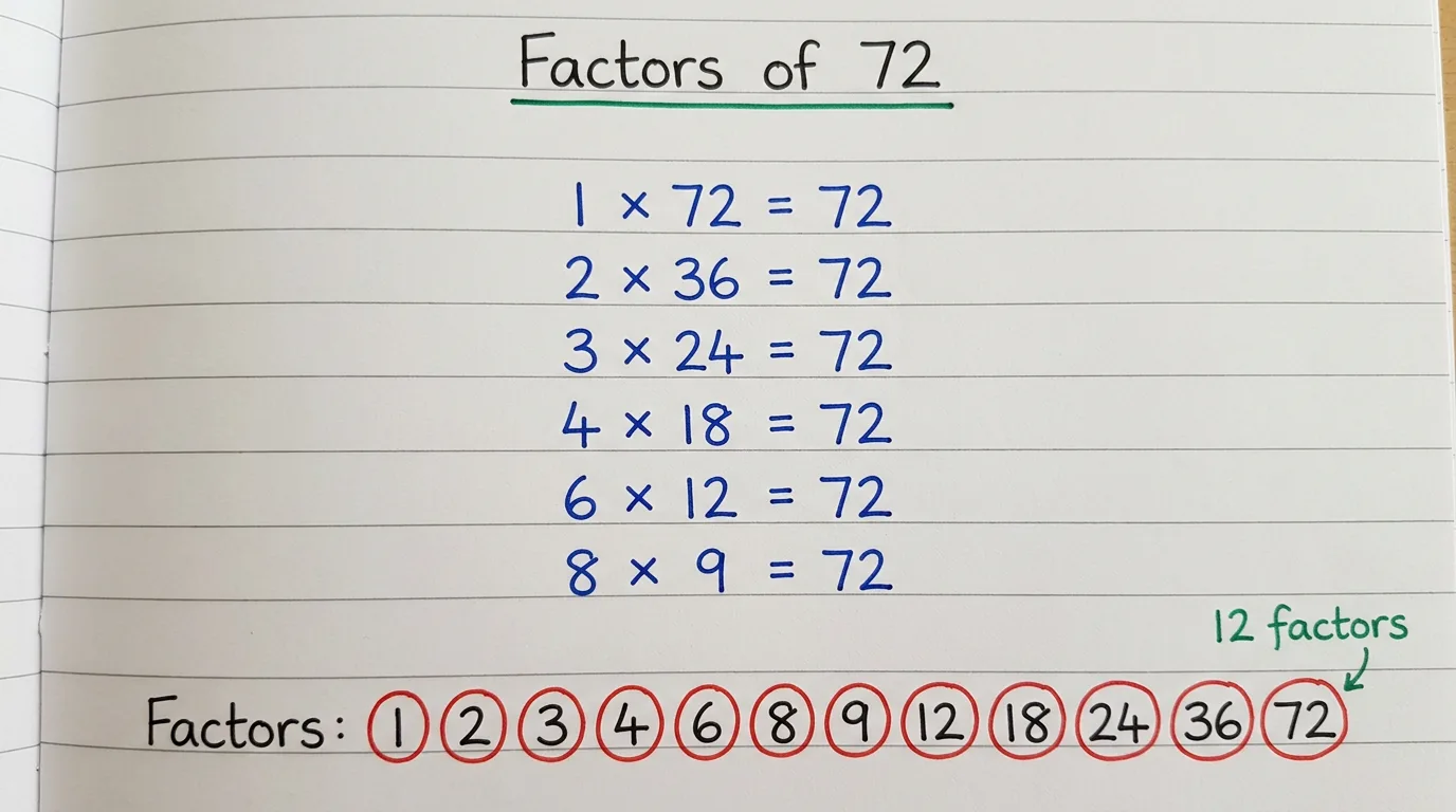 Handwritten notebook page titled Factors of 72 showing 1 × 72, 2 × 36, 3 × 24, 4 × 18, 6 × 12, 8 × 9 all equal to 72, with the twelve factors 1, 2, 3, 4, 6, 8, 9, 12, 18, 24, 36 and 72 circled in red and the note 12 factors