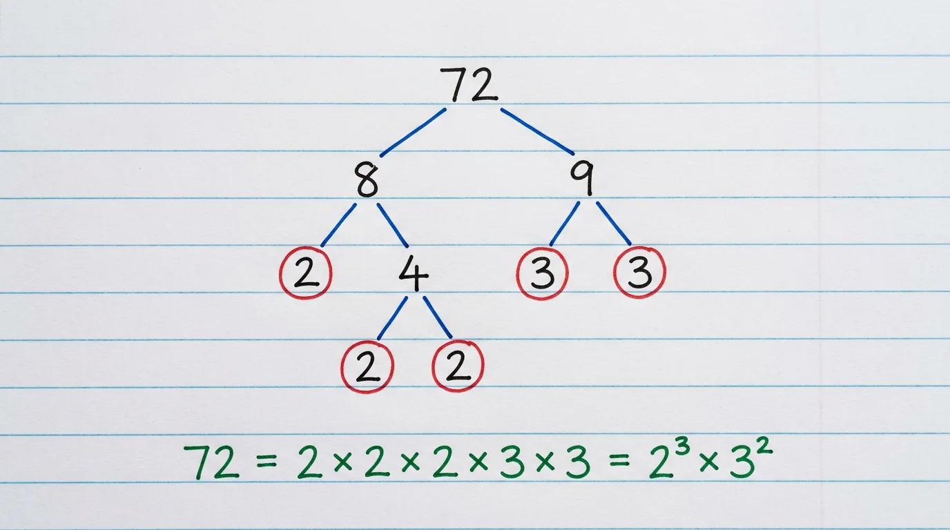 Handwritten factor tree of 72 splitting down to the circled primes 2, 2, 2, 3 and 3, with 72 = 2 × 2 × 2 × 3 × 3 = 2³ × 3² written below
