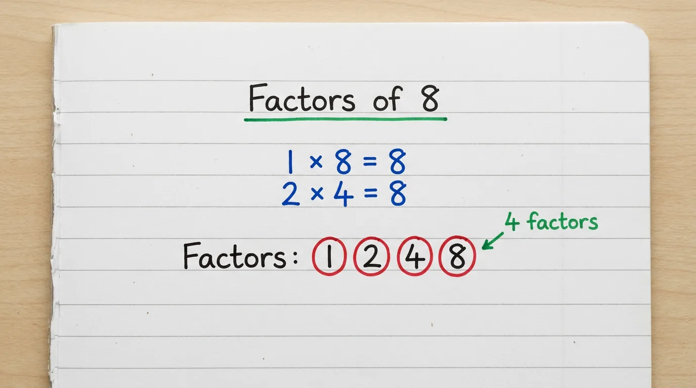 Handwritten notebook page titled Factors of 8 showing 1 × 8 = 8 and 2 × 4 = 8, with the four factors 1, 2, 4 and 8 circled in red and the note 4 factors