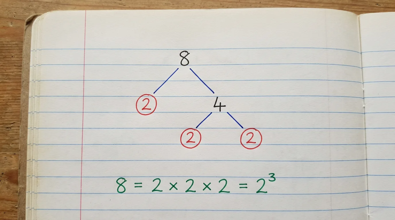 Handwritten factor tree of 8 splitting into 2 and 4, then 4 into 2 and 2, with all three 2s circled in red and 8 = 2 × 2 × 2 = 2³ written below