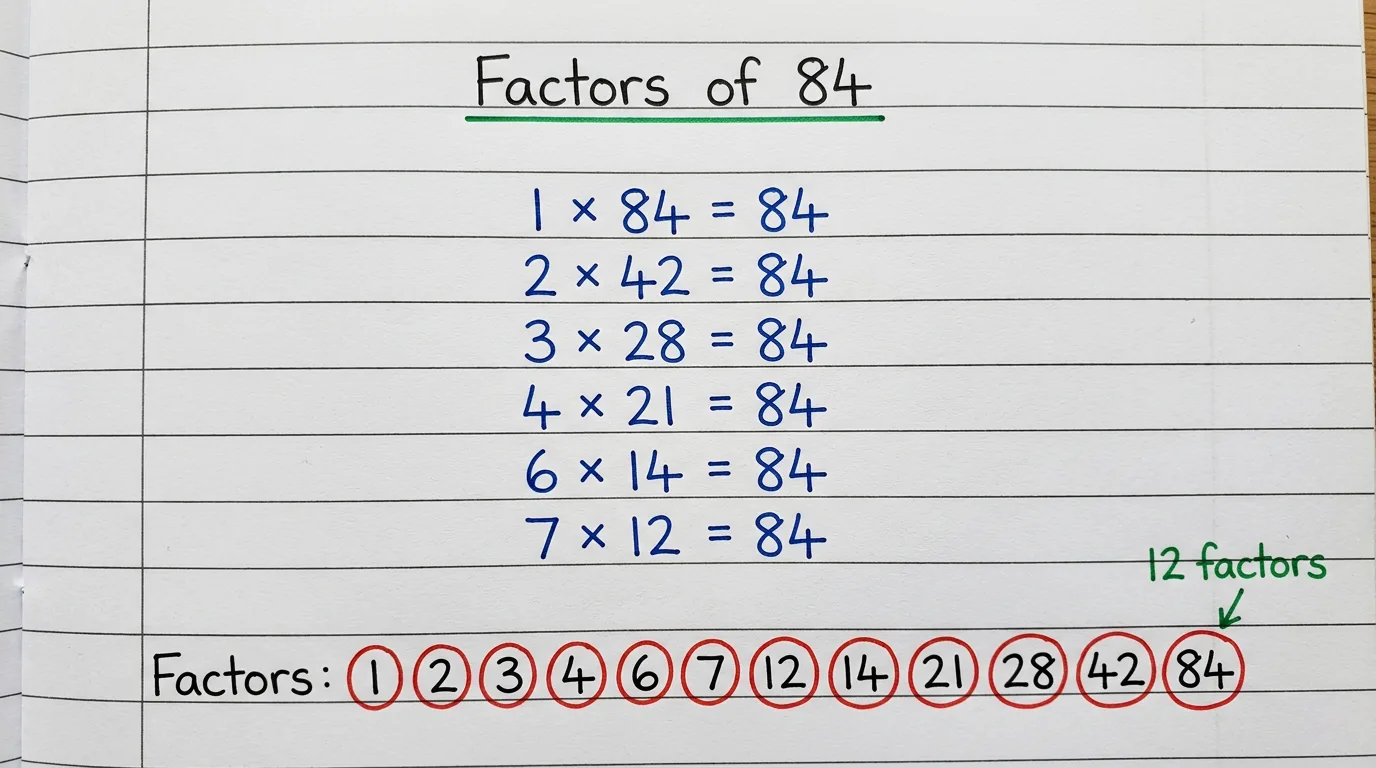 Handwritten notebook page titled Factors of 84 showing 1 × 84, 2 × 42, 3 × 28, 4 × 21, 6 × 14, 7 × 12 all equal to 84, with the twelve factors 1, 2, 3, 4, 6, 7, 12, 14, 21, 28, 42 and 84 circled in red and the note 12 factors