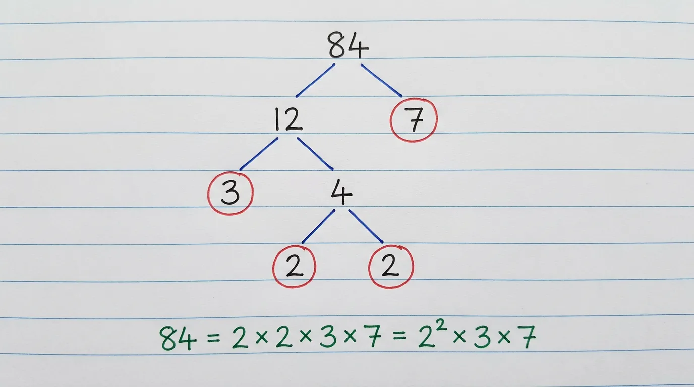 Handwritten factor tree of 84 splitting down to the circled primes 2, 2, 3 and 7, with 84 = 2 × 2 × 3 × 7 = 2² × 3 × 7 written below