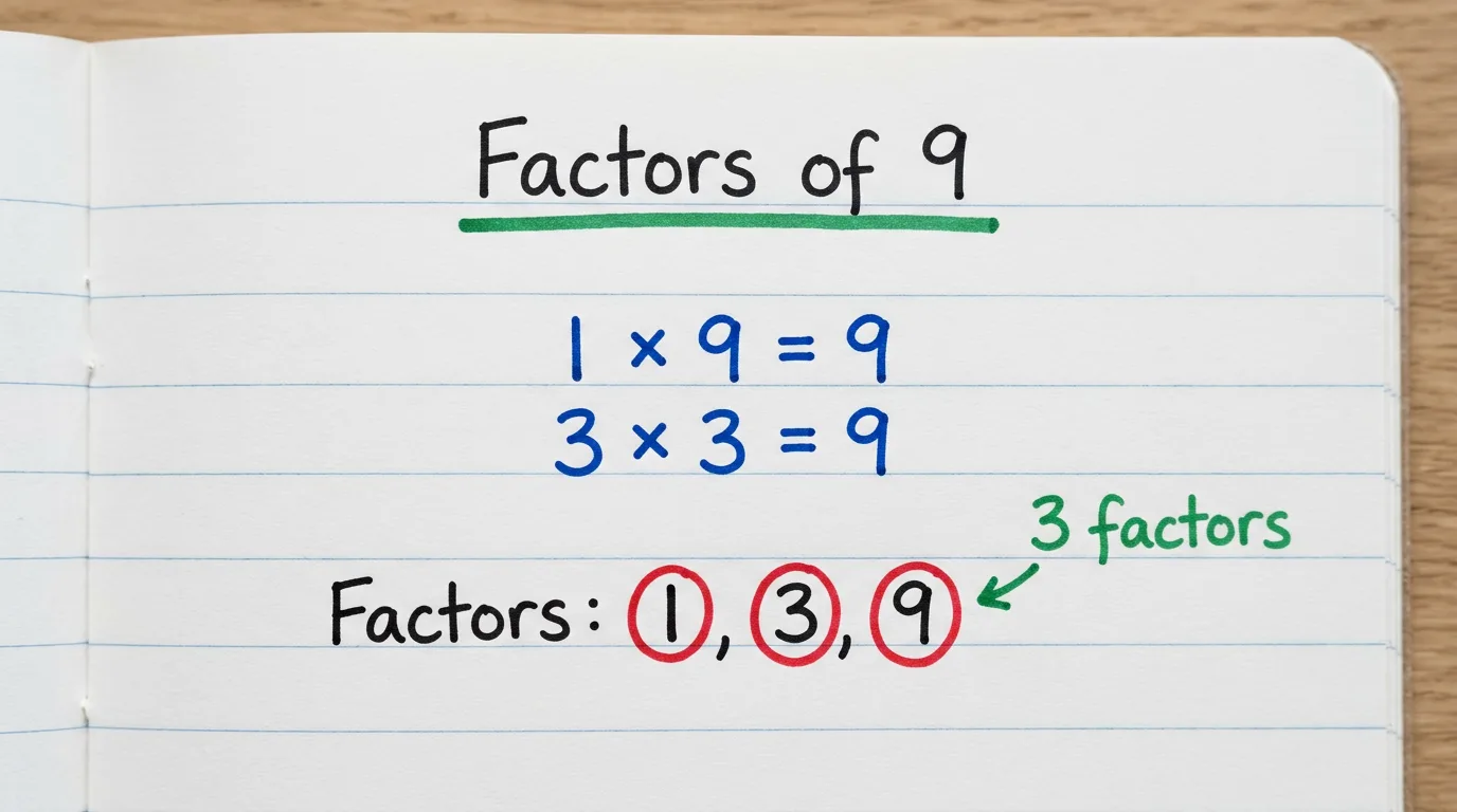 Handwritten notebook page titled Factors of 9 showing 1 × 9 = 9 and 3 × 3 = 9, with the factors 1, 3 and 9 circled in red and the note 3 factors